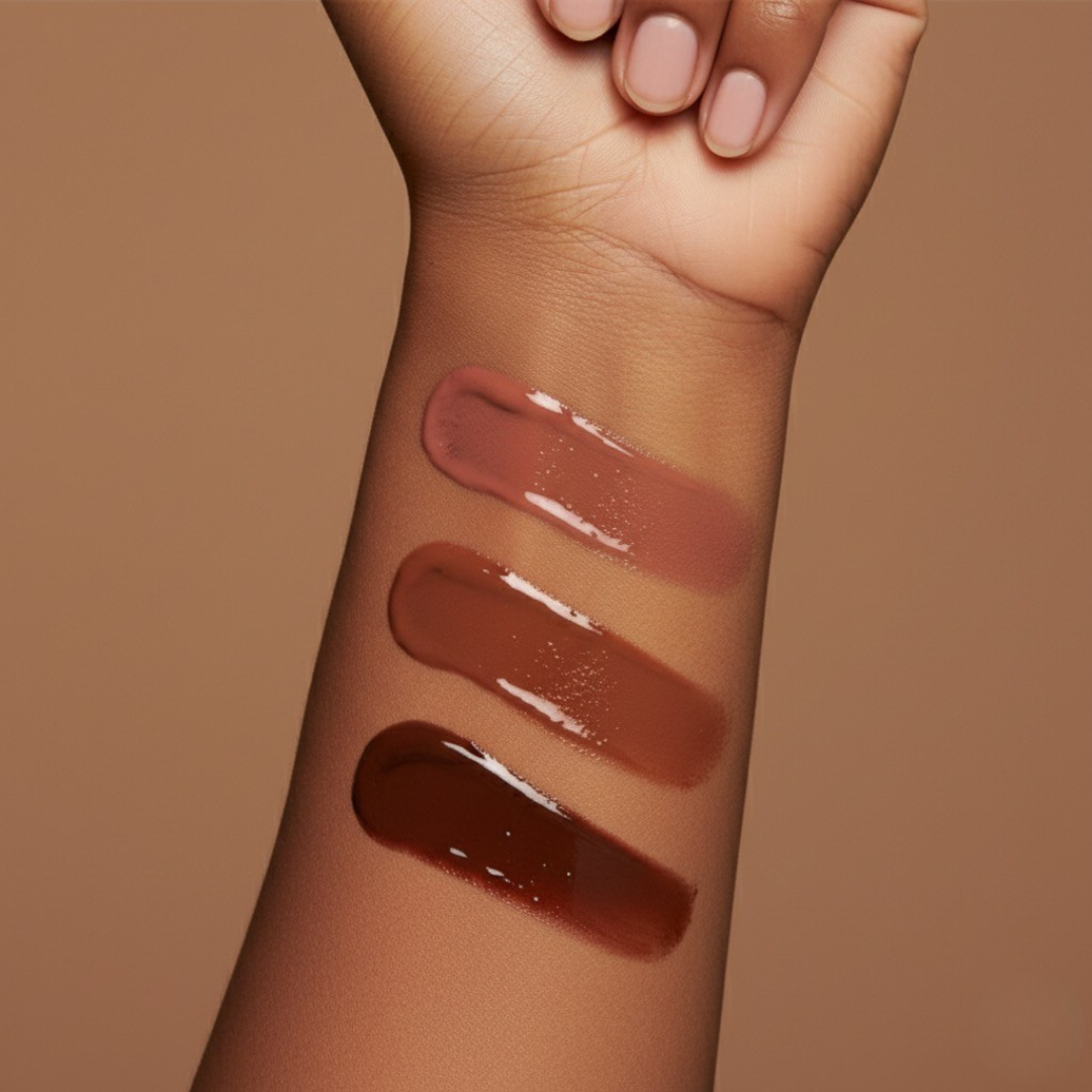 Lipstick swatches on a person's arm against a brown background