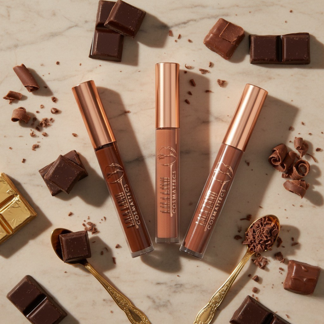 Three lip glosses on a marble surface with chocolate pieces and a gold spoon.