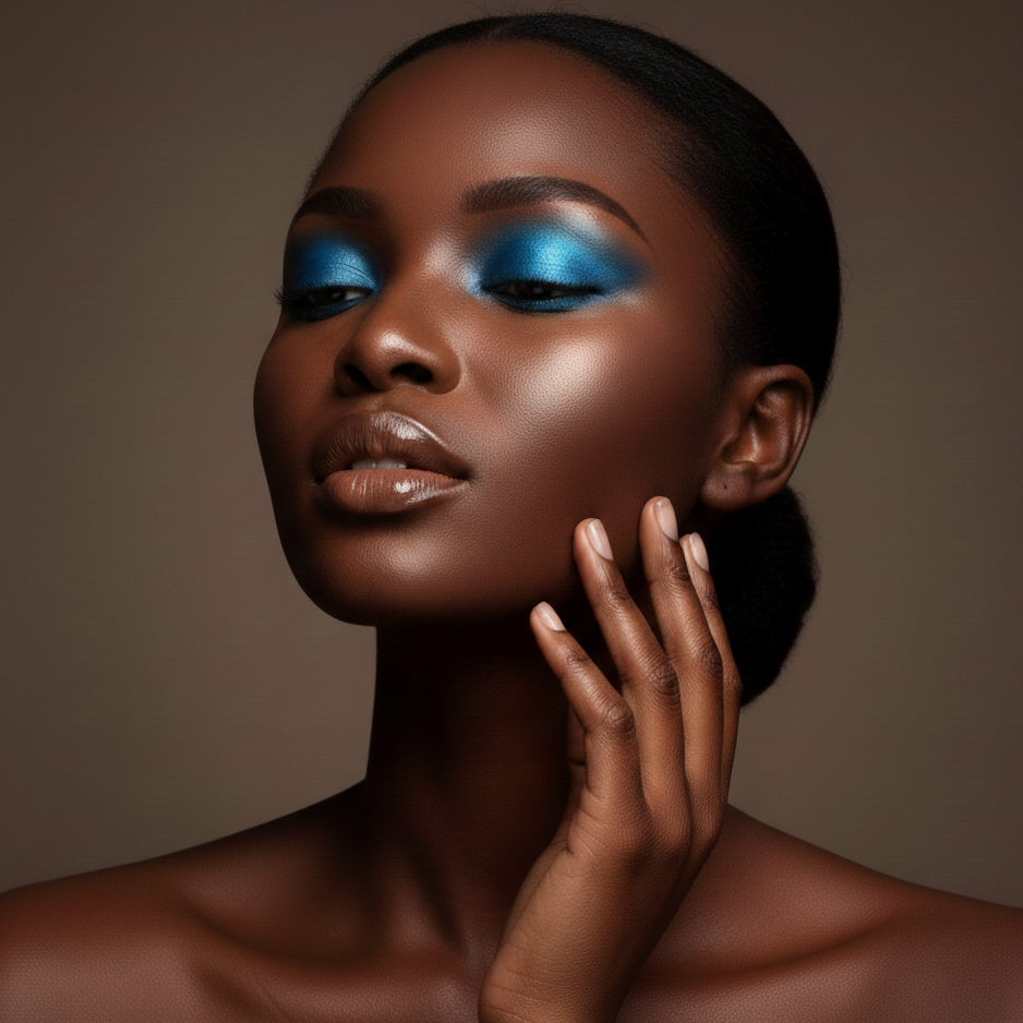 Woman with blue eyeshadow and a neutral background
