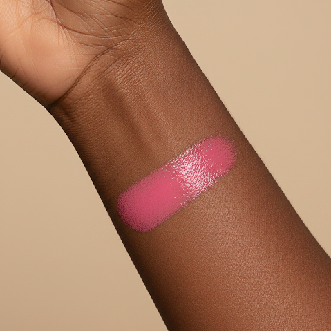 Baby Pink vegan liquid blush swatch on a person's arm with a beige background