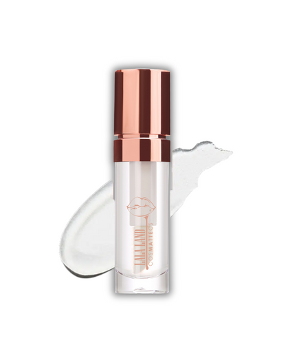Clear vegan hydrating lip oil with rose gold cap on a white background