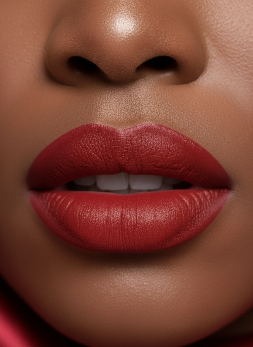 Close-up of a person's lips wearing a bold vegan  red creamy liquid lipstick.