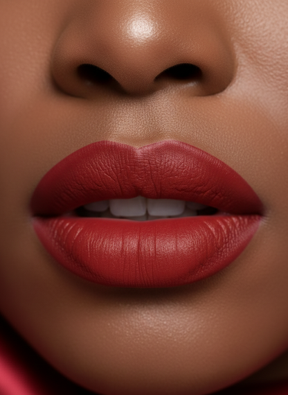 Close-up of a person's lips wearing a bold vegan  red creamy liquid lipstick.