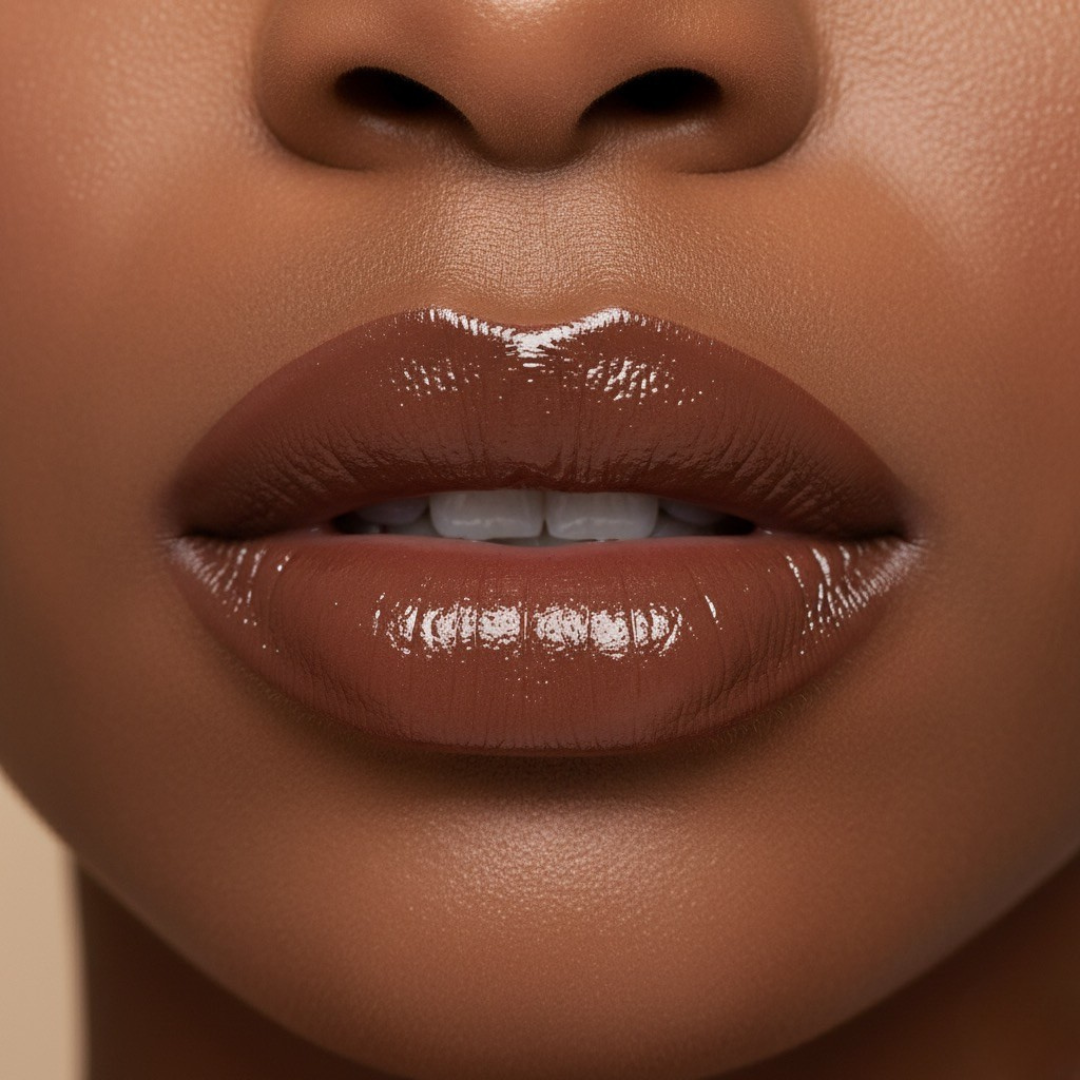 Close-up of a person's lips with a glossy brown lipstick.