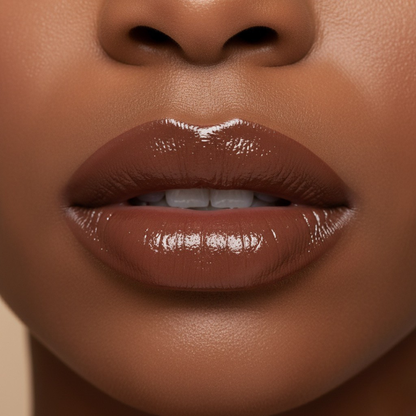 Close-up of a person's lips with a glossy brown lipstick.