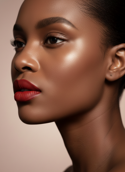 Close-up of a woman's face wearing a bold vegan creamy liquid lipstick with a neutral background