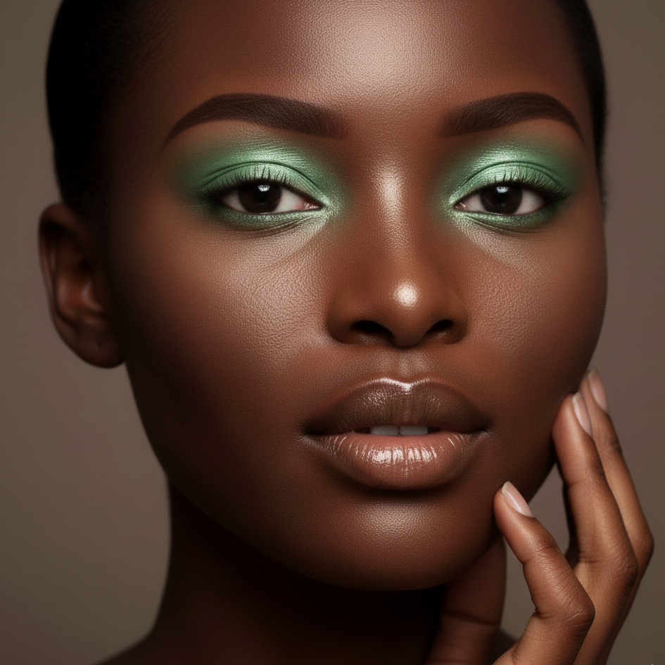 Close-up of a woman's face with green eyeshadow and brown lipstick against a neutral background
