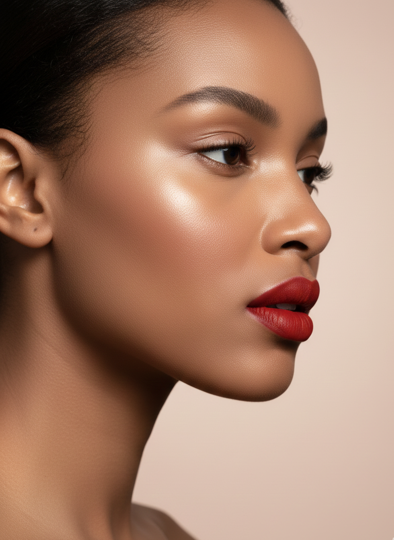 Close-up of a woman's face with red vegan creamy lipstick on a beige background