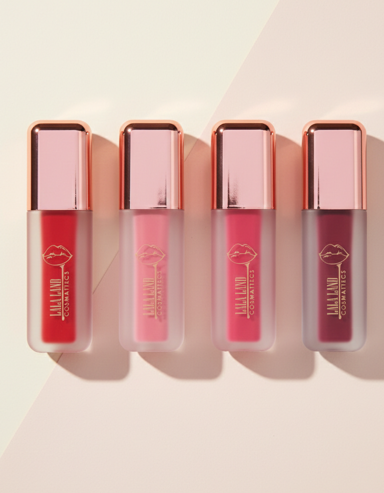 Four vegan liquid blushes with rose gold caps on a light background