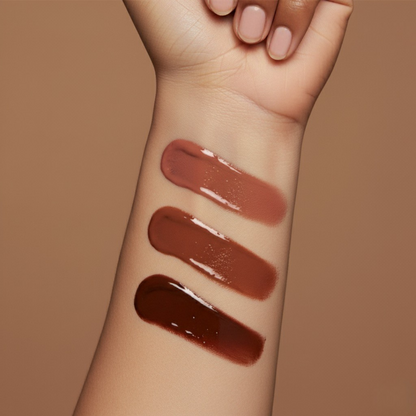 Nude vegan lip gloss swatches on a person's wrist against a brown background
