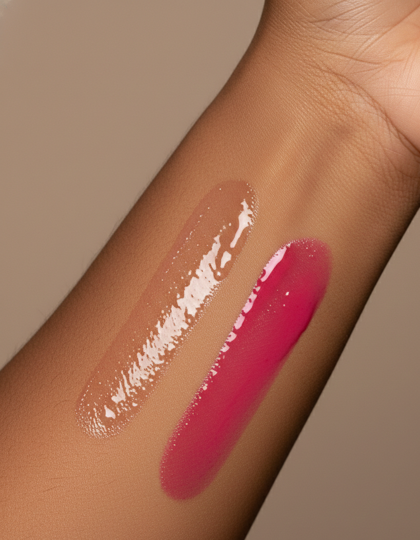 Two lip gloss swatches on a person's arm against a neutral background
