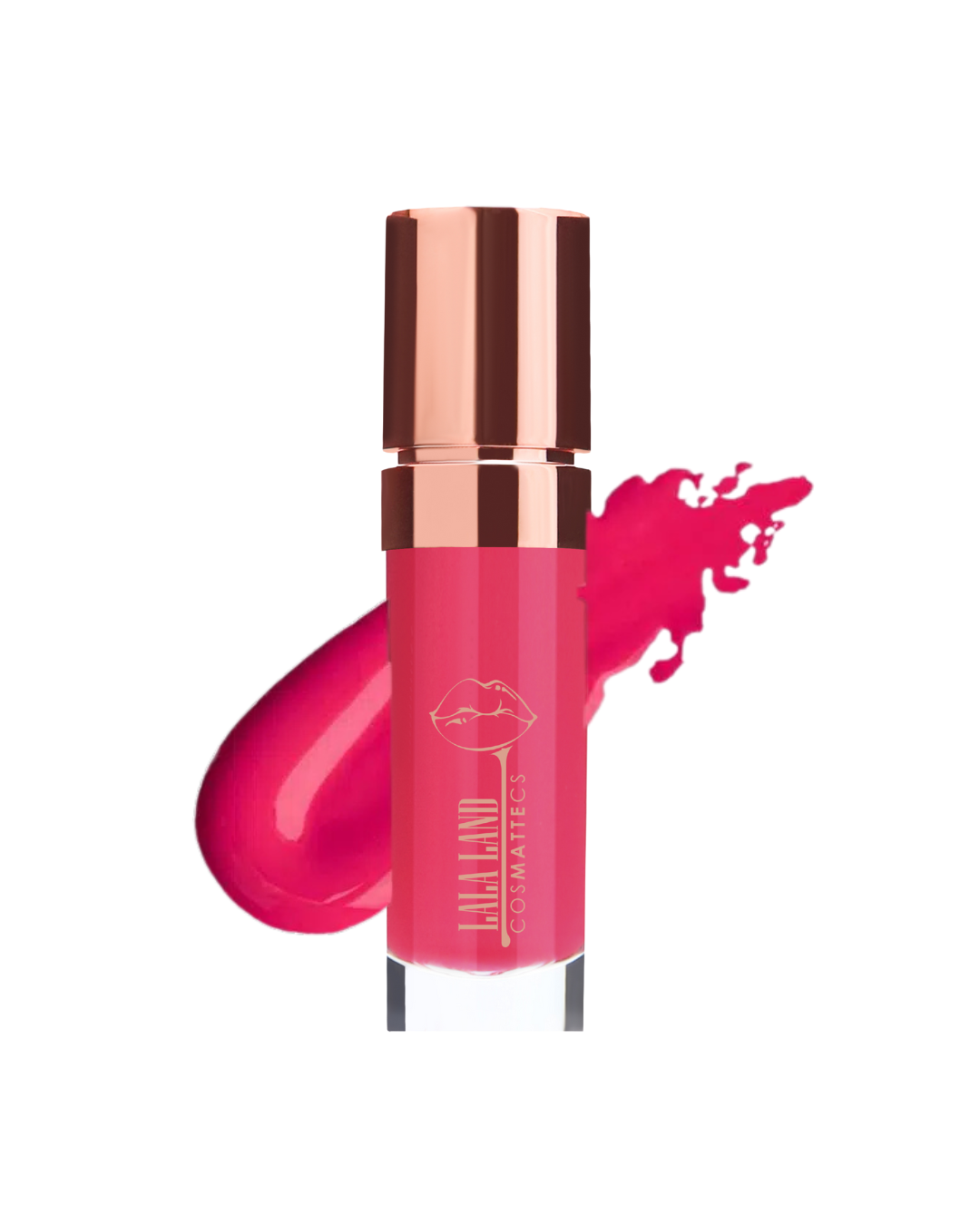 Vegan Pink hydrating lip oil with rose gold cap on a white background