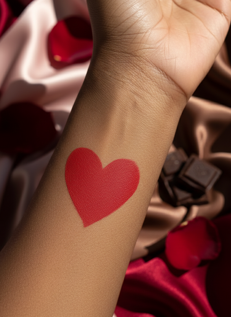 Vegan Red creamy liquid lipstick heart swatch  on a person's arm with chocolate and satin fabric in the background