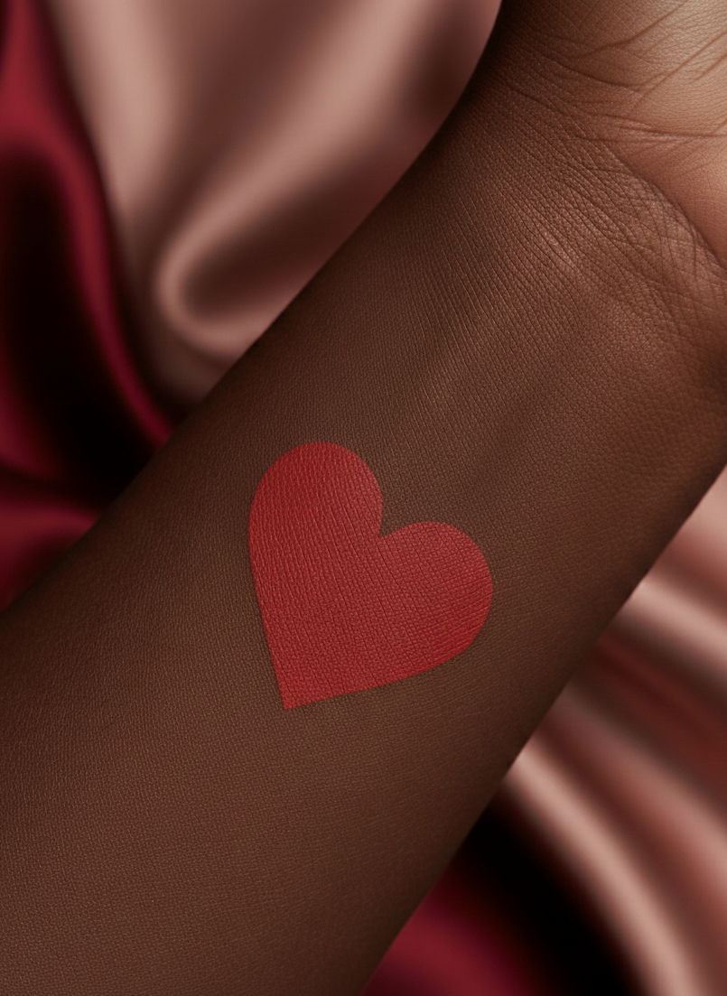 Vegan creamy red liquid lipstick with heart-shaped swatch on a person's arm with a brown satin background