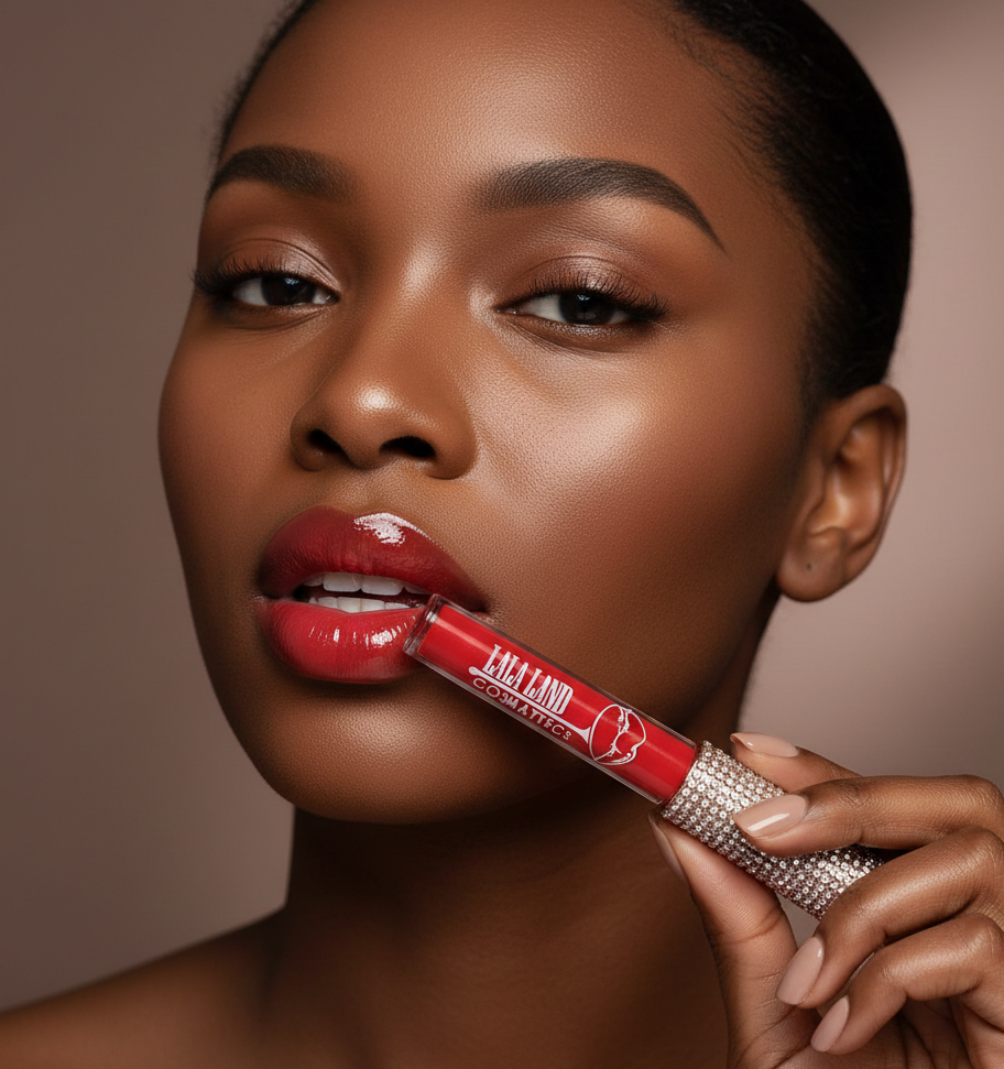 Vegan high-shine lip gloss for dark skin in red shade Such an Aries