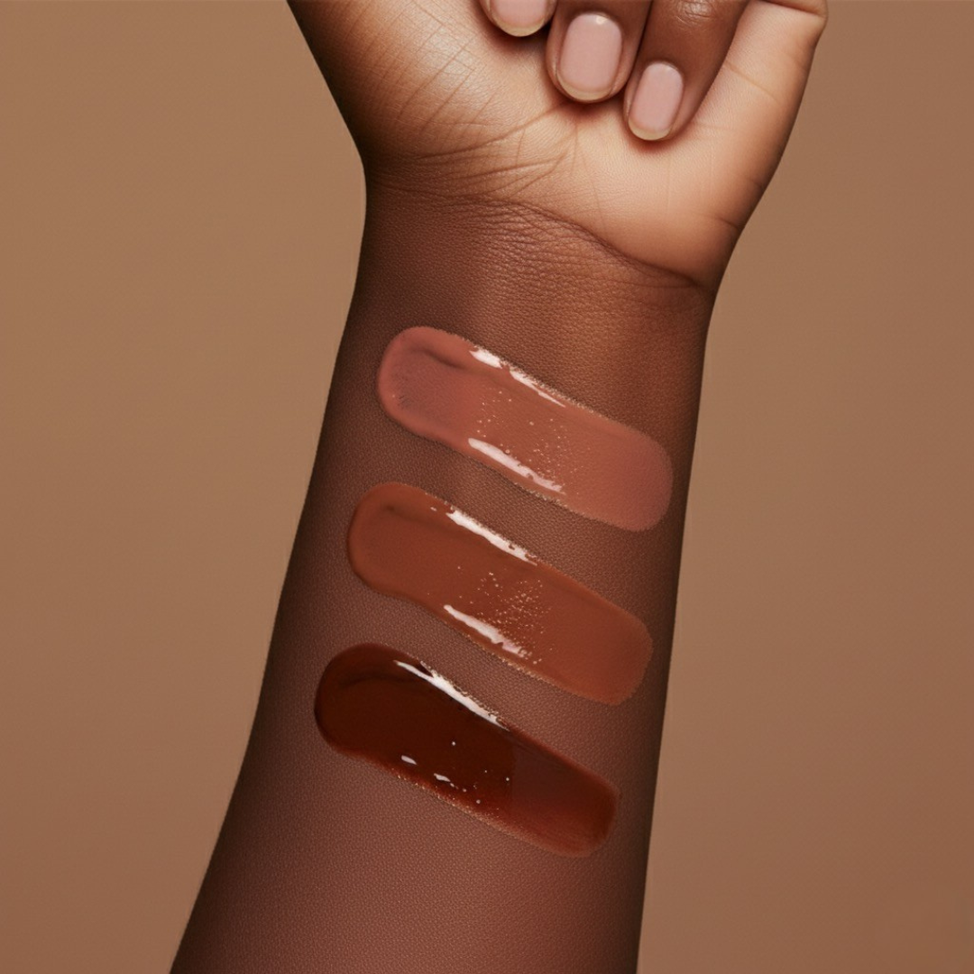 Vegan nude creamy lip gloss swatches on a person's arm against a brown background