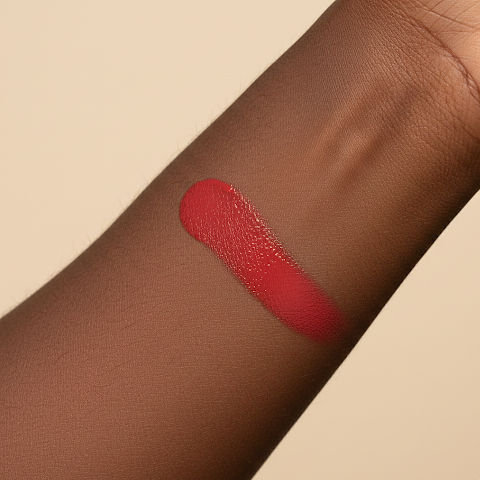Vegan orange blush swatch on a person's arm with a beige background