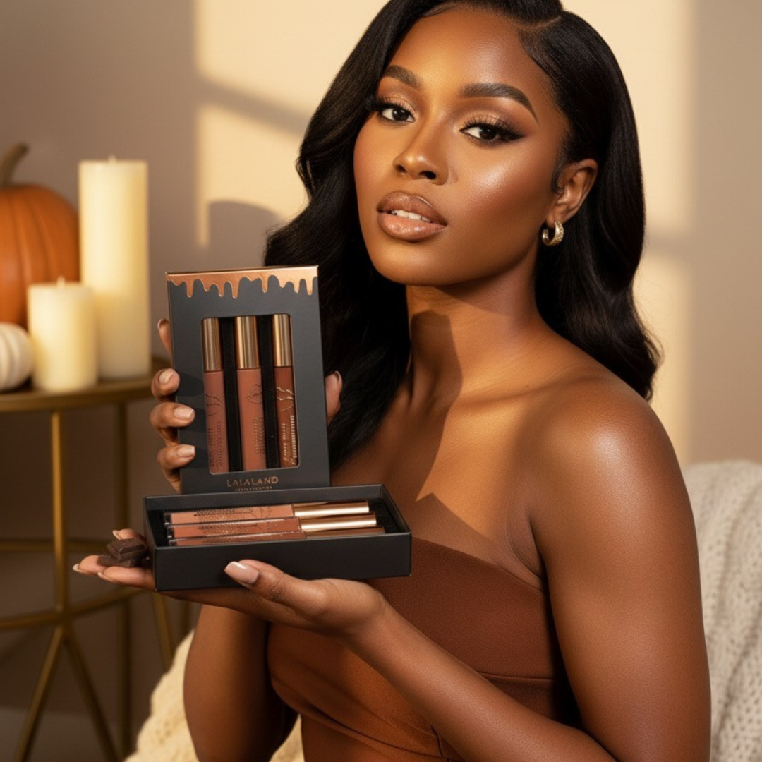 Woman holding a makeup set with a warm, indoor setting