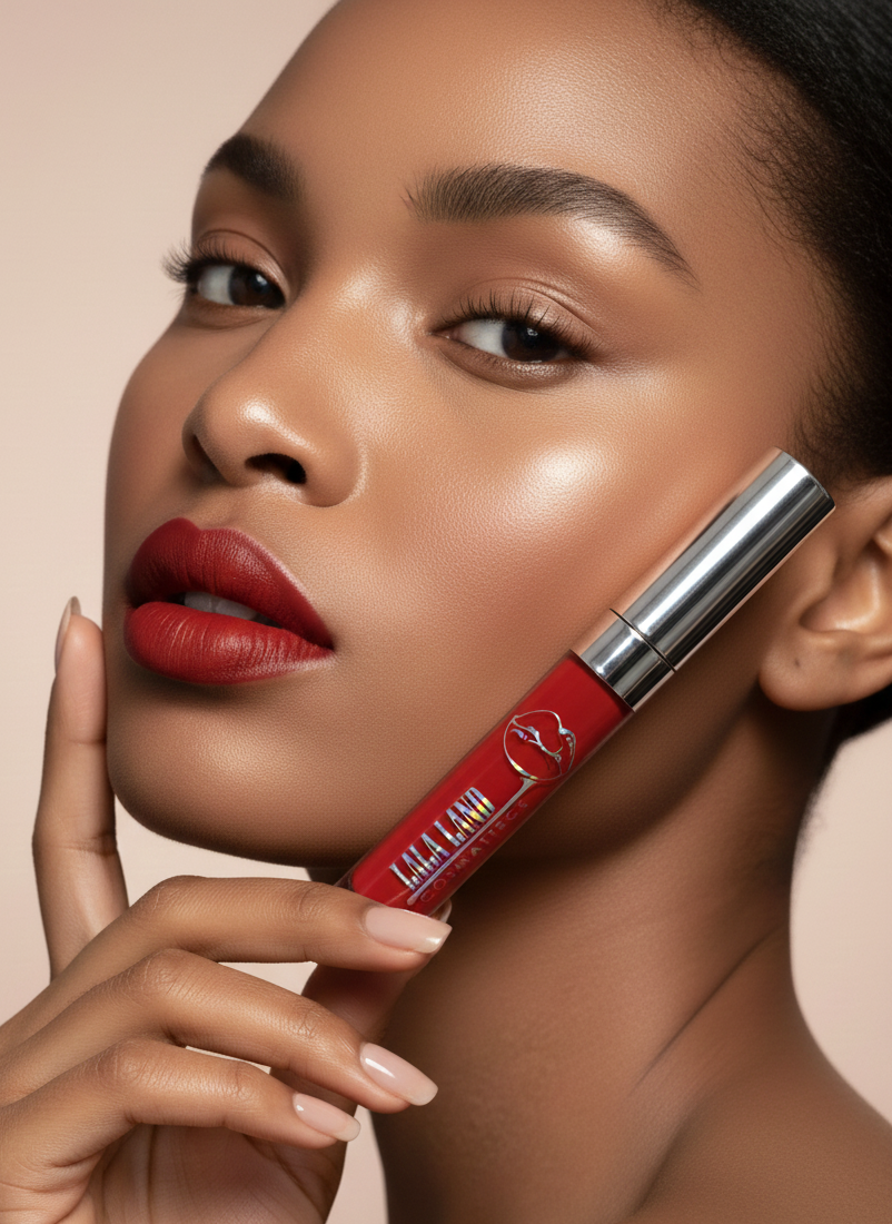 Woman holding a red lip gloss with visible branding against a neutral background