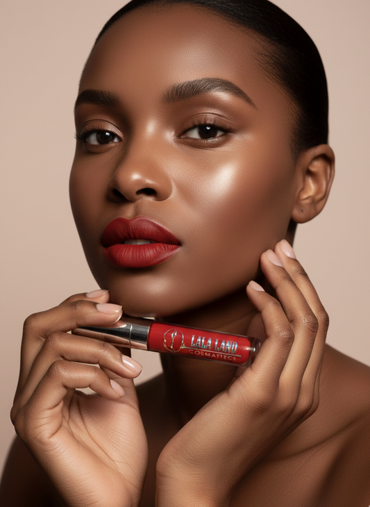 Woman holding a vegan red lipstick with a neutral background