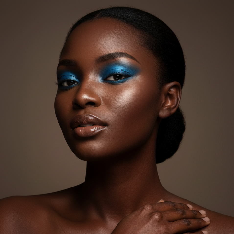Woman with blue eyeshadow against a brown background
