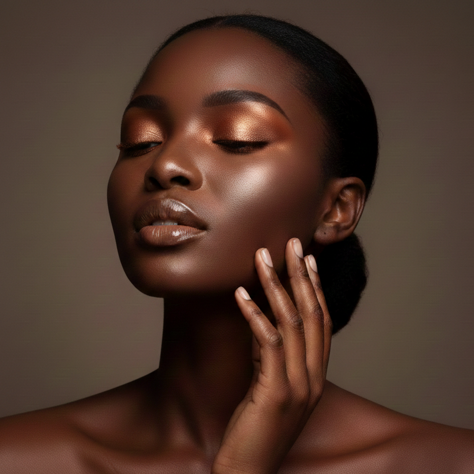 Woman with bronze makeup and skin against a brown background